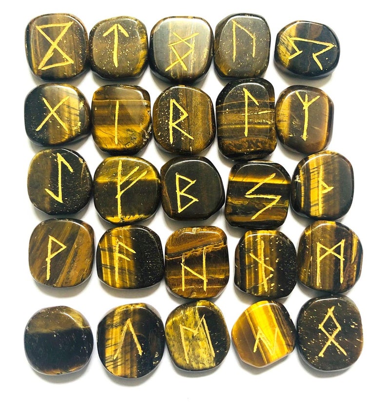 crystalmiracle Lot of 25 Tigers Eye Carved Tumbled Stones Rune Set Crystal Healing Reiki feng Shui Home Office Gift Wellness Peace Meditation